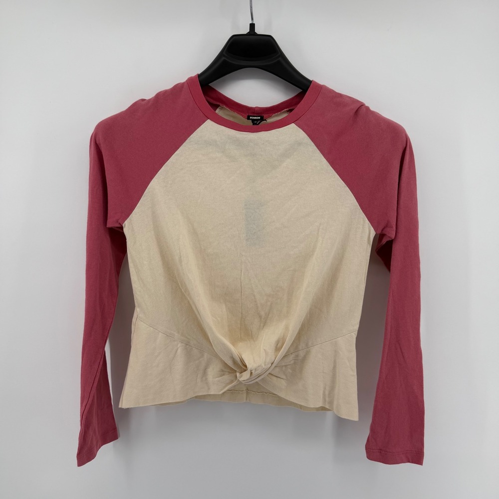MONROW Women's Cream Pink Baseball Long Sleeve Twist Front Casual Top Size Small